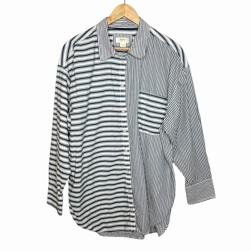 Maeve Striped Oversized Button Up Shirt Blue White Womens XL Coastal Nautical